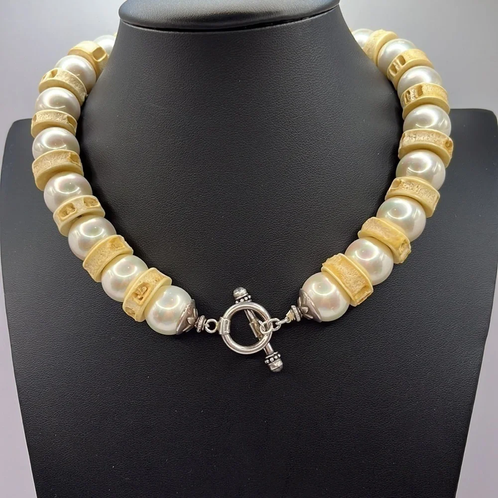 Sterling Silver Pearl and Bone Vintage unique choker necklace Toggle  Oversized